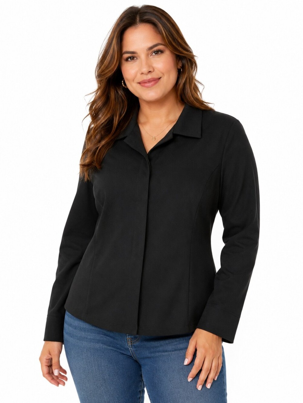 NY&CO City Stretch Women’s Black Collared Blouse Size Large L Career Work Top